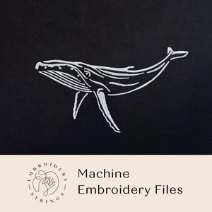 Op de afbeelding: Een witte omtrek van een walvis op een zwarte achtergrond. De tekst "Machine Embroidery Files" staat onder de walvis. De tekst "Embroidery Strings" staat in een cirkel met een hand die een naald en draad vasthoudt.