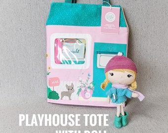 PLAYHOUSE TOTE with Pocket Studio Doll and Friend - Girl, Dollhouse, Doll, Travel, Tote Made to order