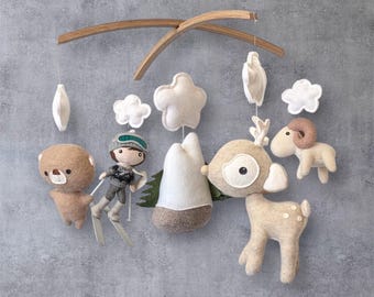 CUSTOM MOBILE - Mountain Skier Boy or Girl with Alpine Animals