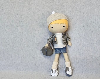 Handcrafted STUDIO DOLL 15" - Boy with backpack. Handmade, Doll, Girl, Toy, Plush, Children, Gift