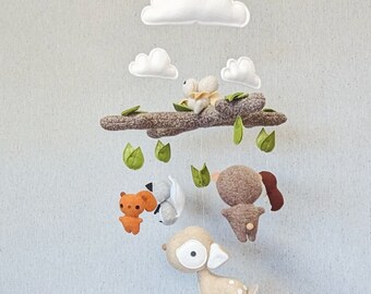 WOODLAND DEER MOBILE - Deer, Fox, Squirrel, Hedgehog, Bear, Birds and Clouds