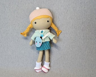 Handcrafted STUDIO DOLL 15" - Girl with the Kitty purse. Handmade, Doll, Girl, Toy, Plush, Children, Gift