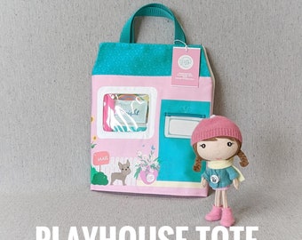 PLAYHOUSE TOTE with Pocket Studio Doll and Friend - Girl, Dollhouse, Doll, Travel, Tote Made to order