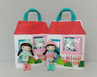 PLAYHOUSE TOTE with Pocket Studio Doll and Bunny Friend - Girl, Dollhouse, Doll, Travel, Tote Made to order