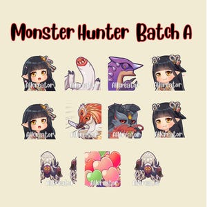 May include: A set of nine digital illustrations featuring characters and monsters from the Monster Hunter video game series. The illustrations are in a cartoon style and feature a variety of characters, including hunters, monsters, and other creatures. The illustrations are all in a square format and are arranged in a grid.