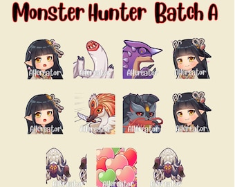 May include: A set of nine digital illustrations featuring characters and monsters from the Monster Hunter video game series. The illustrations are in a cartoon style and feature a variety of characters, including hunters, monsters, and other creatures. The illustrations are all in a square format and are arranged in a grid.