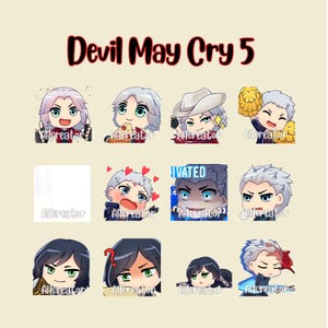 Puede incluir: Una colección de ilustraciones de personajes de estilo chibi coloridas de "Devil May Cry 5". Cada personaje tiene una expresión y una pose únicas. El texto "Devil May Cry 5" está en la parte superior. La palabra "Allcreator" está abajo.
