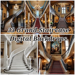 Puede incluir: Un collage de cuatro imágenes que muestran grandes escaleras en diferentes entornos. Las escaleras presentan detalles intrincados, barandillas ornamentadas y acabados de lujo. Las imágenes están etiquetadas como "33 Grand Staircase Digital Backdrops".