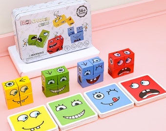 Face Change Card Game For Children, Cube Building, Blocks Board Game, Wood Puzzle, Montessori Fun, Wooden Blocks, Kids Toys Gift