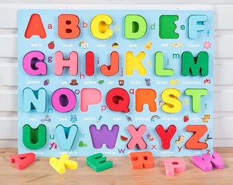 Wooden 3D Alphabet Letters Matching Puzzle with Words and Pictures for Babies and Toddlers Toys - Education Learning Shape Montessori Board