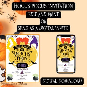 Könnte beinhalten: Eine druckbare digitale Einladung zu einer Halloween-Party zum Thema Hocus Pocus. Die Einladung hat einen gelben Hintergrund mit einer schwarzen Silhouette der drei Sanderson-Schwestern aus dem Film Hocus Pocus. Der Text lautet "Just a bunch of Hocus Pocus" mit den Partydetails darunter.