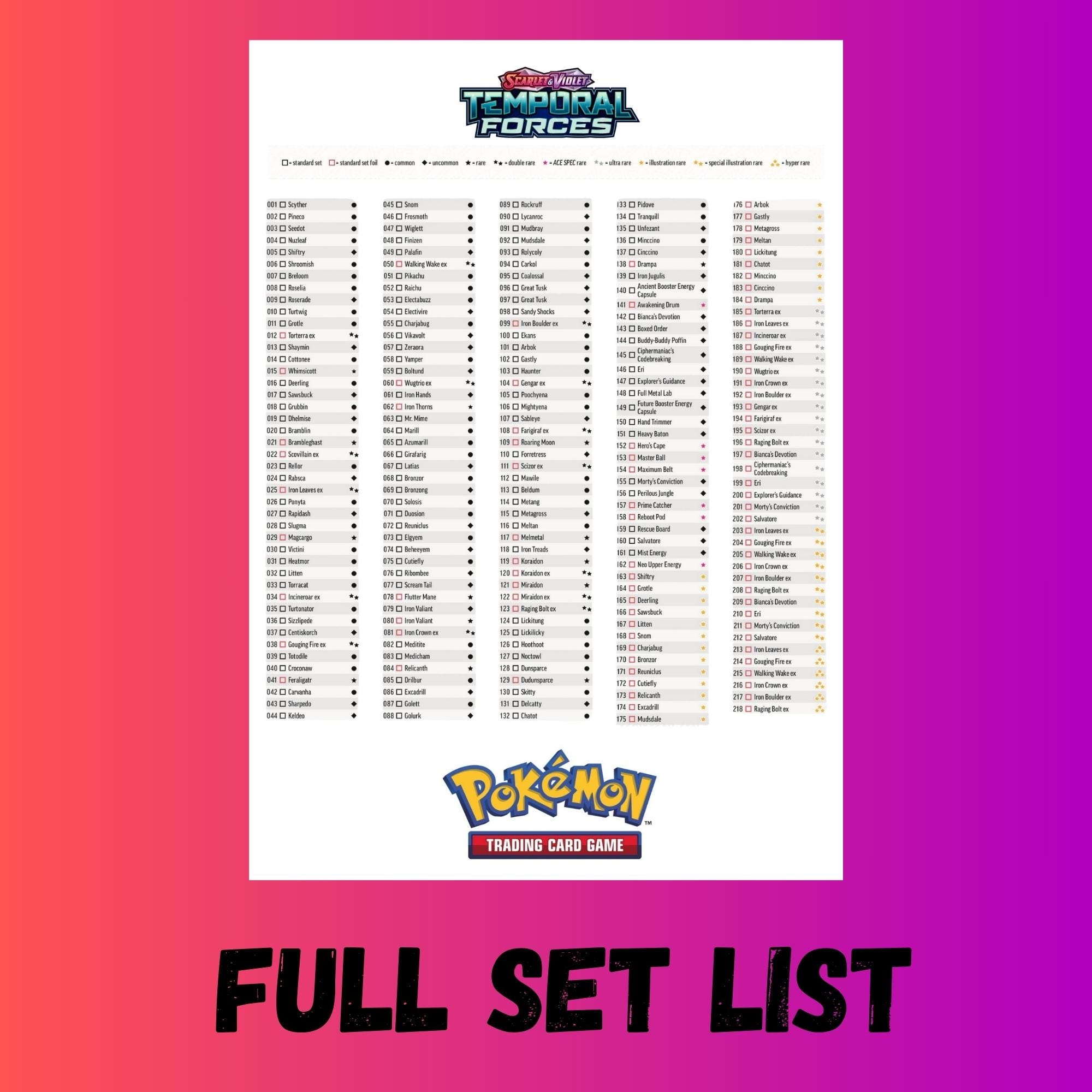 temporal pokemon card list Forces Master Set Guide proof acrylic case and featuring a striking image of the captivating character Temporal Forces (SV5) Card List,