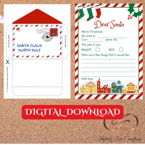 Carta de Navidad con sobre imprimible / Carta de Papá Noel para niños / Descarga instantánea