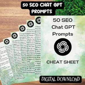 Puede incluir: Una hoja de trucos verde y blanca con el texto "50 SEO Chat GPT Prompts" en negro. La hoja de trucos es una descarga digital e incluye una lista de indicaciones para usar ChatGPT para mejorar la optimización de motores de búsqueda (SEO).