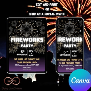 Puede incluir: Diseño de invitación digital para una fiesta de fuegos artificiales. El diseño presenta un fondo negro con fuegos artificiales y texto que dice "Fireworks Party" y detalles del evento. La invitación está diseñada para ser editada e impresa o enviada digitalmente.
