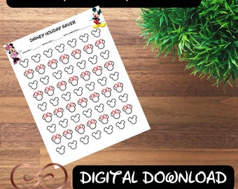 Op de afbeelding: Een printbare Disney-thema geldbesparingstracker met een witte achtergrond en zwarte contouren van Mickey Mouse-oren met rode strikken. De tekst "DISNEY MONEY SAVER" staat bovenaan de pagina en "DISNEY HOLIDAY SAVER" staat in de linkerbovenhoek. De tekst "DIGITAL DOWNLOAD" staat onderaan de pagina.