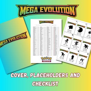 May include: A collection of Mega Evolution Pokémon trading card game items. Includes a cover, a checklist, and placeholder cards. The cover and cards feature the "Mega Evolution" logo. The checklist is a detailed list of cards.
