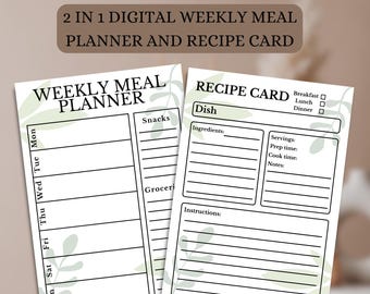 May include: A digital weekly meal planner and recipe card. The planner includes sections for each day of the week, snacks, and groceries. The recipe card has spaces for ingredients, servings, prep time, cook time, notes, and instructions. The text "Instant Download" is at the top.