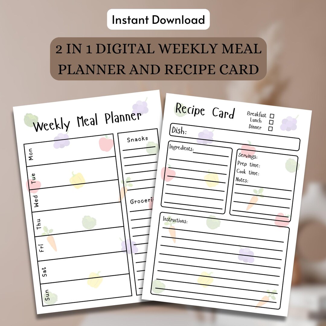 Weekly Meal Planner and Recipe Card Template (digital Download) - Etsy