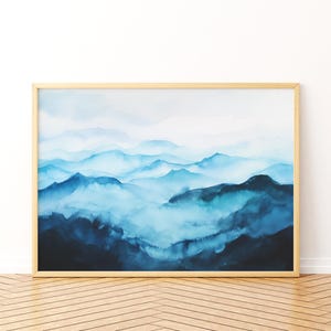Watercolor Mountain Art Print, Blue Landscape Painting, Minimalist Navy Wall Art, Digital Download, Printable Mountain Decor