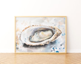 Watercolor Oyster Art, Coastal Print, Beachy Wall Art, Digital Download, Seashell Painting, Printable Decor