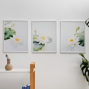 White Lotus Flower Wall Art, Lotus Flower Prints Set of 3, Floral Wall Decor, Botanical Art Print, Flower Painting, Watercolor Floral Prints
