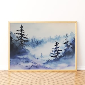 Arte mural de bosque en acuarela, pintura de paisaje melancólico, descarga digital, impresión de naturaleza y cottagecore oscuro