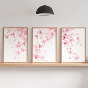 桜の壁アート、花のプリント 3 枚セット、植物の水彩画プリント、花の壁飾り、ミニマリストの寝室の装飾、デジタル ダウンロード