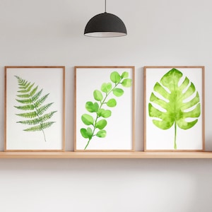 Greenery Triptych Wall Art Print, Set of 3 Watercolor Botanical Print, Modern Farmhouse Art, Printable Green Leaves Art, Nature Wall Art Set