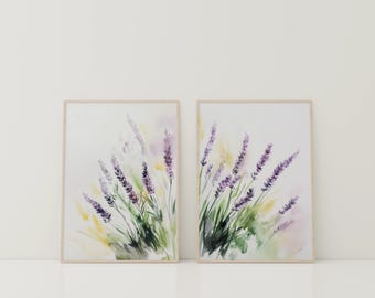 Lavender Flowers Wall Art Set of 2, Lavender Watercolor Prints, Farmhouse Wildflowers Artwork, Botanical Prints Set, Lavender Digital Prints