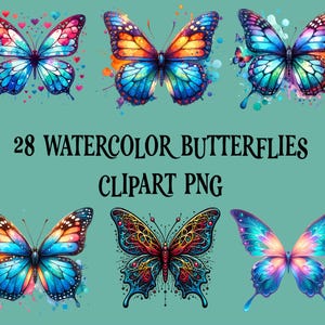 Watercolor Butterfly Clipart Bundle 28 PNG Bright Colorful Butterflies Sublimation Scrapbook Stickers Junk Journal Printable PNG Download