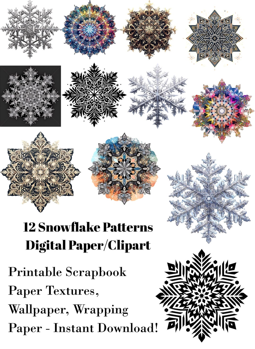 Unique Snowflake Patterns Clipart, Snowflake Winter Digital Download ...