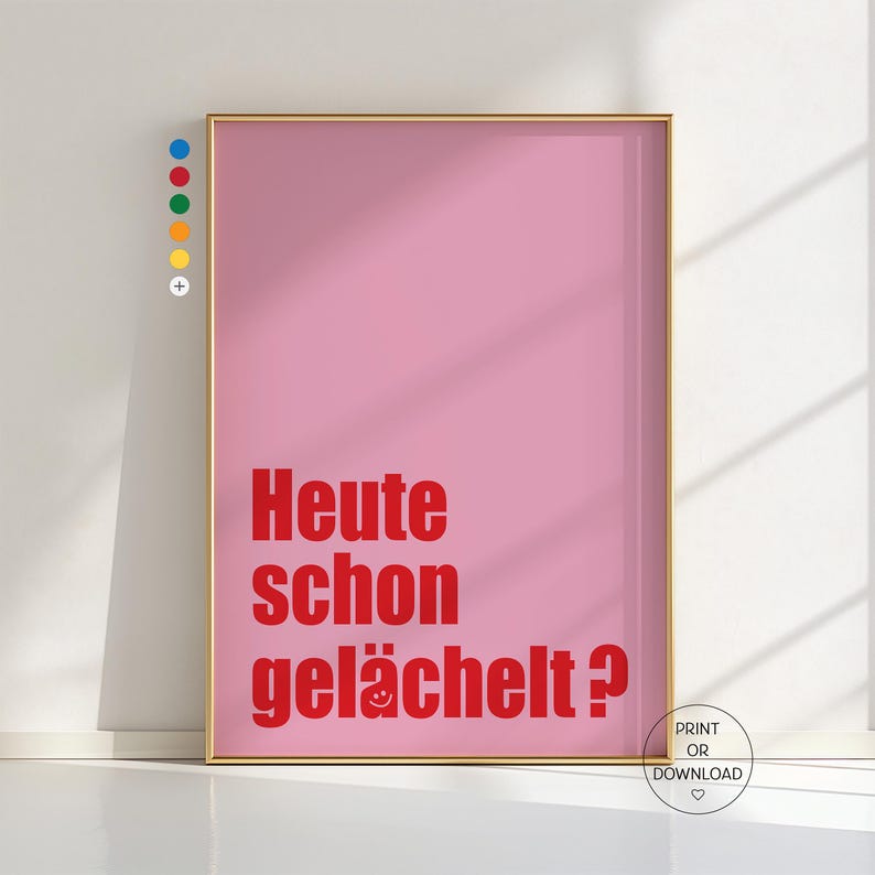 Have You Smiled Today? poster in red and pink tones with positive typography design. Modern wall art for home office, living room, or as a cheerful happiness gift.