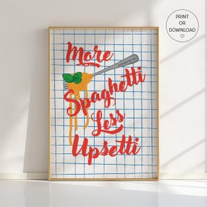 Poster "Più spaghetti, meno sconvolgimenti" - Divertente decorazione murale con cibo, stampa "Spaghetti Gabel", tipografia arancione scuro, decorazione da cucina a scacchi blu e bianchi