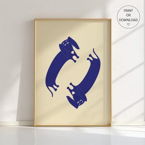 Stampa artistica di un bassotto blu, decorazione murale per cani, illustrazione di un bassotto, decorazione minimalista per animali domestici, poster stravagante di un bassotto, tutti i colori disponibili