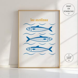 Poster Les Sardines - Stampa murale con pesce azzurro, decorazione da cucina francese, stampa artistica costiera, illustrazione moderna di sardine, colori personalizzati