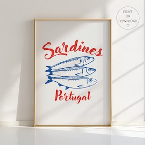 Poster "Sarde" Portogallo - Decorazione murale con pesce azzurro e tipografia, stampa di cucina costiera, arredamento in stile vintage portoghese - Tutti i colori disponibili