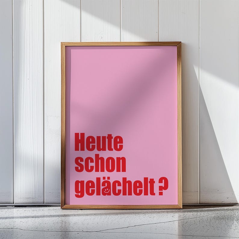 Have You Smiled Today? poster in red and pink tones with positive typography design. Modern wall art for home office, living room, or as a cheerful happiness gift.