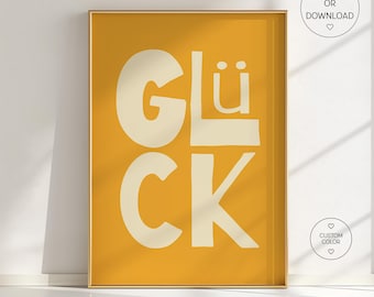 Happiness Poster Family | Yellow Typography Wall Art | Positive German Quote Print | Motivational Home Decor | Glück Poster for Living Room
