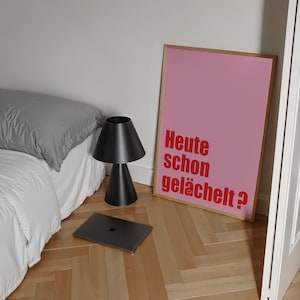 Have You Smiled Today? poster in red and pink tones with positive typography design. Modern wall art for home office, living room, or as a cheerful happiness gift.