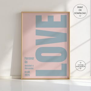 Póster de amor personalizado – Impresión de pareja personalizada con nombres y fecha – Regalo de boda rosa ruborizado – Arte mural romántico – Tipografía Forever Us