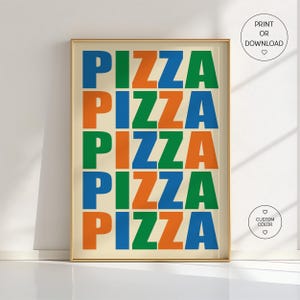 Stampa murale con scritta "PIZZA" colorata - Stampa da cucina moderna in verde, blu e arancione - Poster di cibo divertente - Regalo per gli amanti della pizza