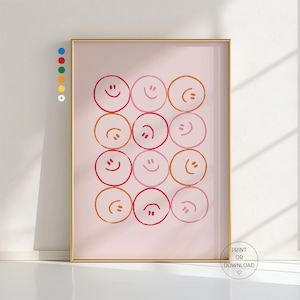 Smiley Poster | Retro Y2K Wandbild | Happy Face Kunstdruck | Pink Wanddeko | Lustiges Kinderzimmer Jugendzimmer Wohnzimmer Bild | Büro Bild