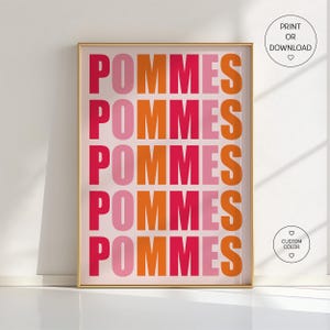 Pommes – Poster tipografico decorativo Dopamine in rosa e arancione / Stampa di patatine fritte divertenti / Arte murale colorata per cucina o parete di galleria