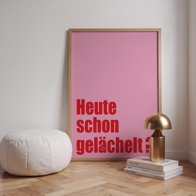 Have You Smiled Today? poster in red and pink tones with positive typography design. Modern wall art for home office, living room, or as a cheerful happiness gift.