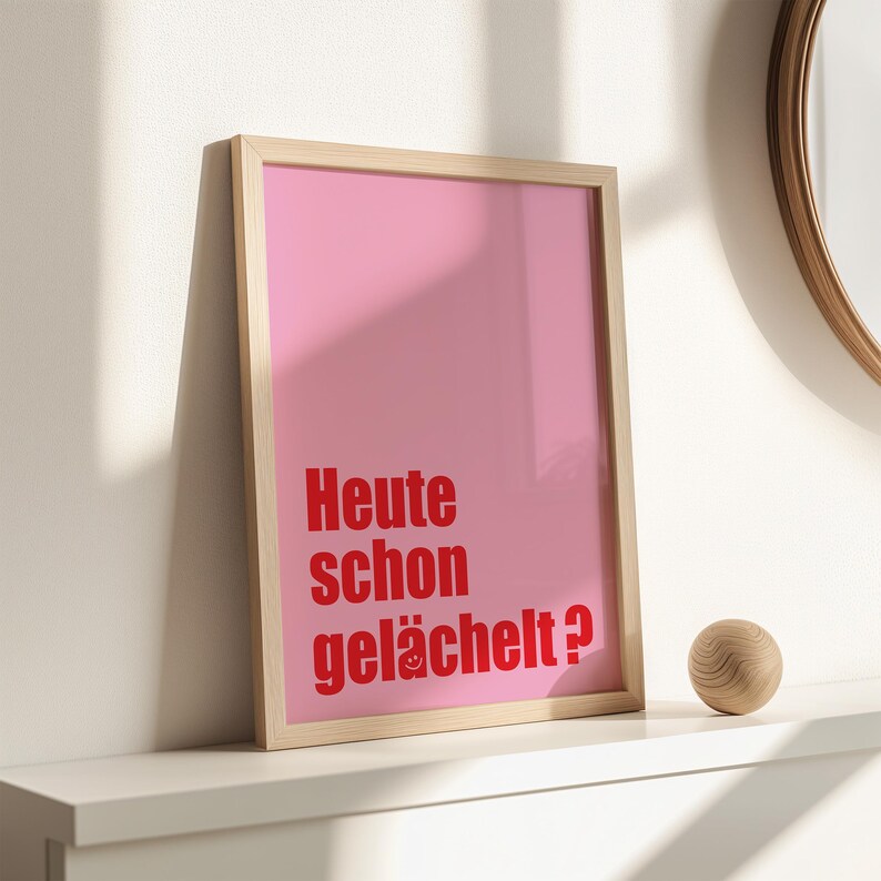 Have You Smiled Today? poster in red and pink tones with positive typography design. Modern wall art for home office, living room, or as a cheerful happiness gift.