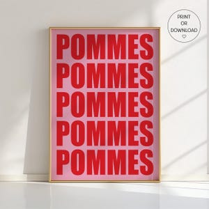 Póster tipográfico de Pommes: letras rojas sobre fondo rosa. Arte divertido para la pared de la cocina, impresión de papas fritas, regalo gastronómico, decoración pop art, decoración de dopamina.