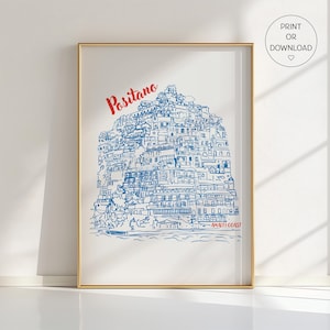 Blue Positano Sketch Poster – Amalfi Coast Wall Art Print, Italy Travel Illustration, Coastal Line Drawing Decor - All Colors Available
