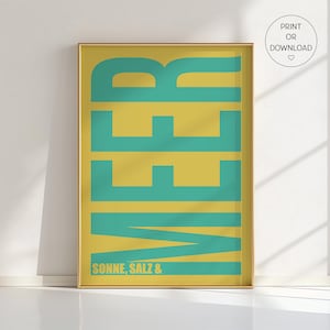 Decorazione murale da spiaggia - Sole, sale, mare - Stampa tipografica gialla e turchese, poster estivo costiero, decorazione ispirata all'oceano, regalo per gli amanti della spiaggia
