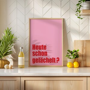 Have You Smiled Today? poster in red and pink tones with positive typography design. Modern wall art for home office, living room, or as a cheerful happiness gift.